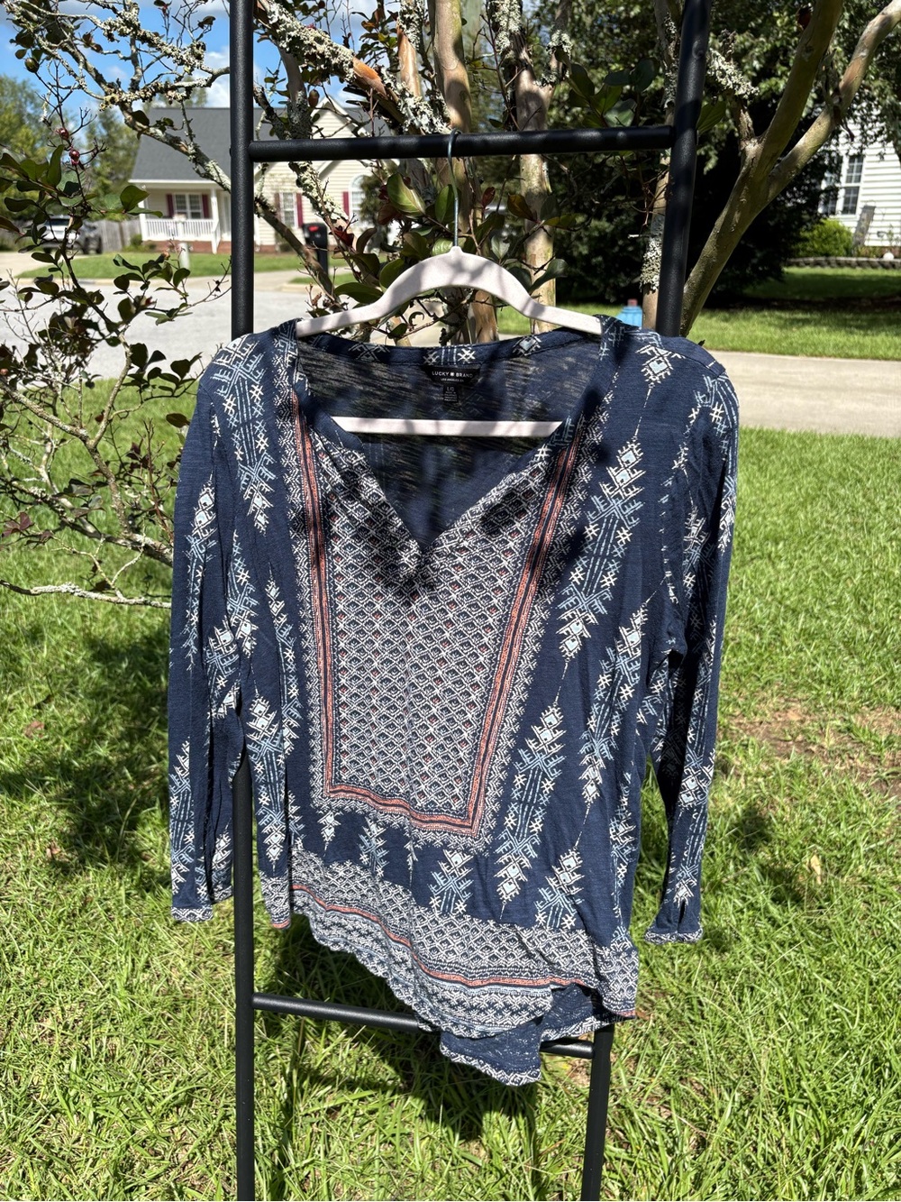 Lucky Brand Navy Printed V-Neck Long Sleeve Blouse with White & Rust Accents